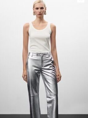 NWT MANGO x Jen Ceballos Metallic Silver 100% Sheepskin Leather Pants